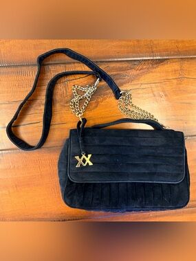 Vintage Adrienne Vittadini Black Quilted Suede Shoulder Bag with Gold Chain